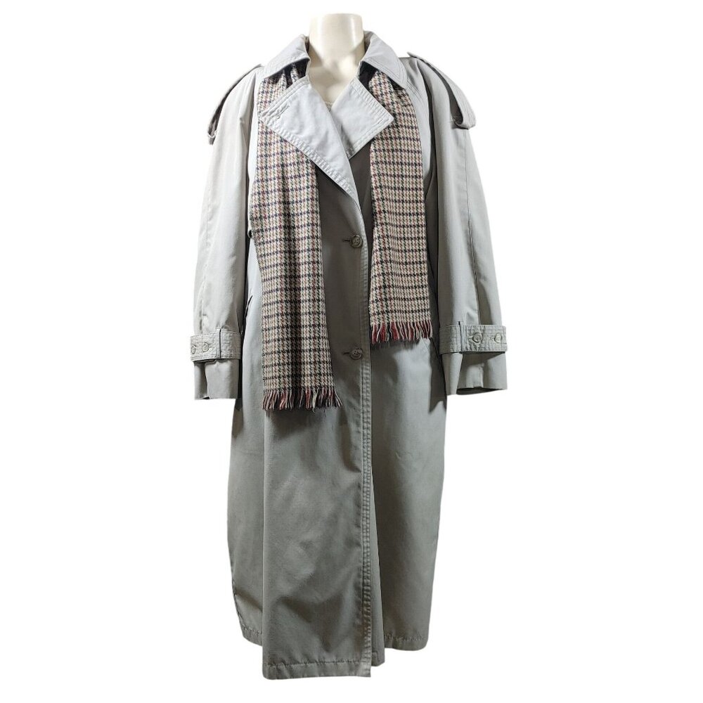 London Towne Beige Trench Coat Jacket Size 6 Vintage Plaid Liner Belt Scarf